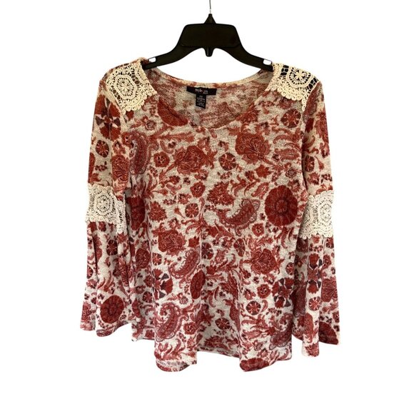 Style & Co Red Floral Long Sleeve Top Womens Size Petite S Casual Stretch Blouse - Picture 1 of 12